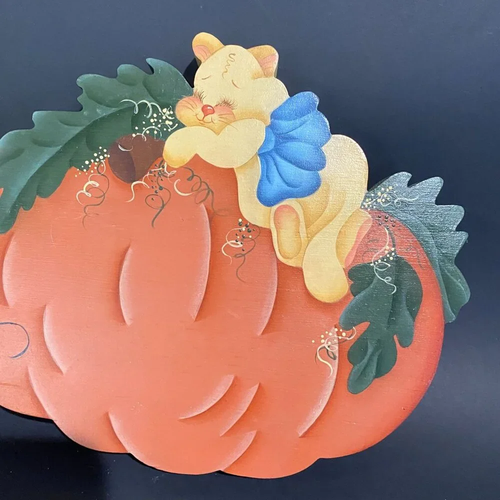 vintage Americana hand painted wooden cookie jar lids/decor Fall Pumpkin cute 9x